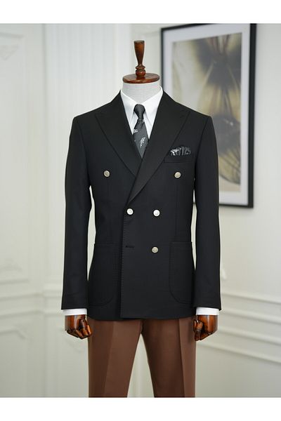 LONATOLİA Men's Premium Italian Style Slim Fit Punto Stitched Bag Pocket Half Lined Double Breasted Jacket - Black