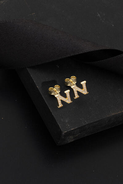 Bilezikci 14 Ayar Taşlı N Harfi Klipsli Altın Küpe