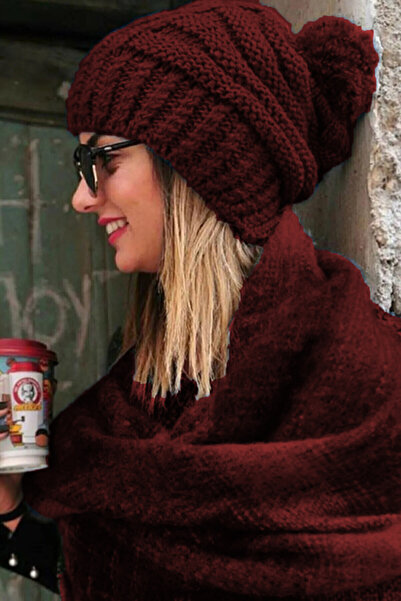 FATELLA Kadın Örgü Model Ponponlu Triko Bordo Bere