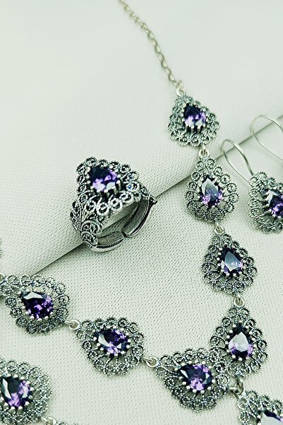 Güzel Gümüşçülük 925 Ayar Gümüş Mardin Midyat Telkari El Işi Doğal Taşlı Damla Model Kadın Gerdanlıklı 4'lü Set&Takım