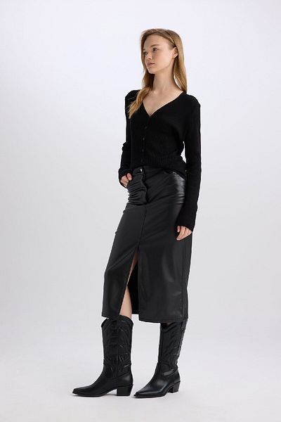 DeFacto Faux Leather Slit Midi Skirt B2862ax23wn