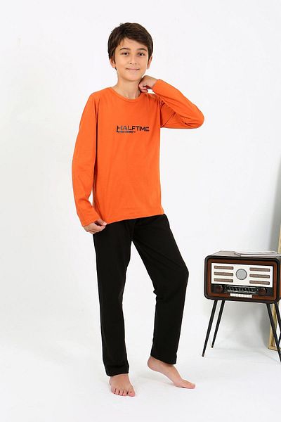 Akbeniz Boy's Long Sleeve Combed Cotton Pajama Suit 20437 Orange