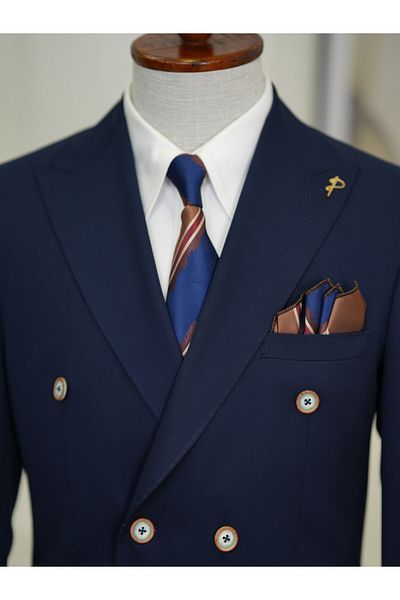 LONATOLİA Premium Italian Style Men's Double Breasted Jacket - Slim Fit, Punto Stitching, Bag Pocket, Half Lined, Navy