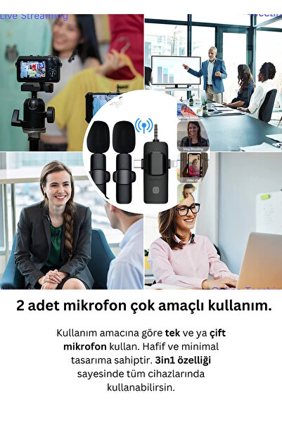 Abbruch By Sabron 2 Adet Kablosuz Yaka Mikrofonu 3in1 Type-c, Lightning, 3.5mm Aux 2'li Mikrofon Youtube