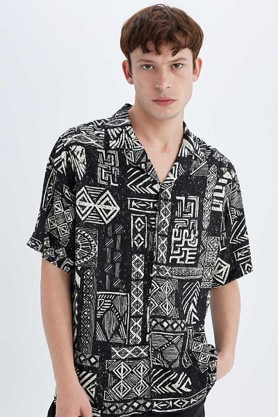 DeFacto Košile s krátkým rukávem s viskózovým vzorem Apache Collar Regular Fit – C7686Ax24Sm
