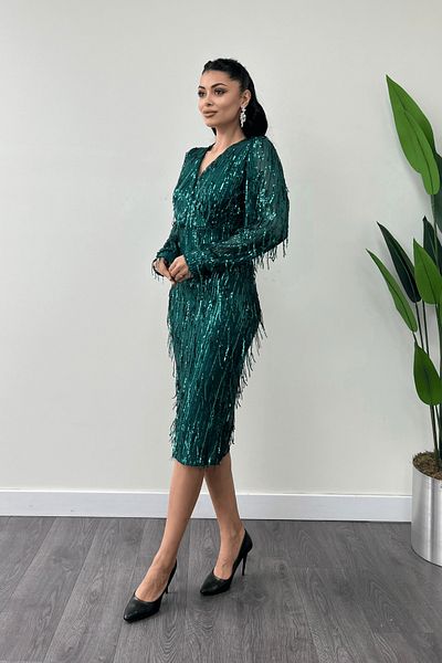 giyimmasalı Rochie creion din țesătură cu paiete cu franjuri - VERDE EMERAL