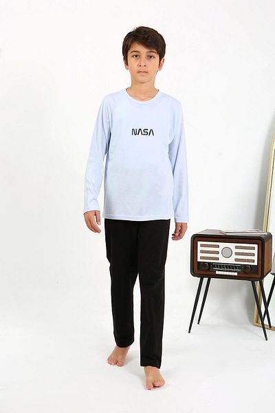 Akbeniz Boy's Ice Blue Long Sleeve Combed Cotton Pajamas Set - 20437