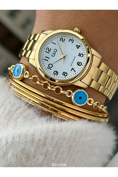 Q&Q Brand Steel Band, Women's Wrist Watch + Bracelet with Yellow Color Numerals
