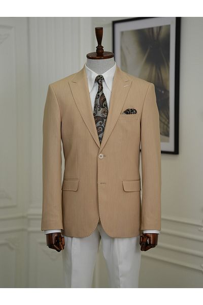 LONATOLİA Men's Premium Italian Style Slim Fit Punto Stitched Bag Pocket Half Lined Jacket - Cream