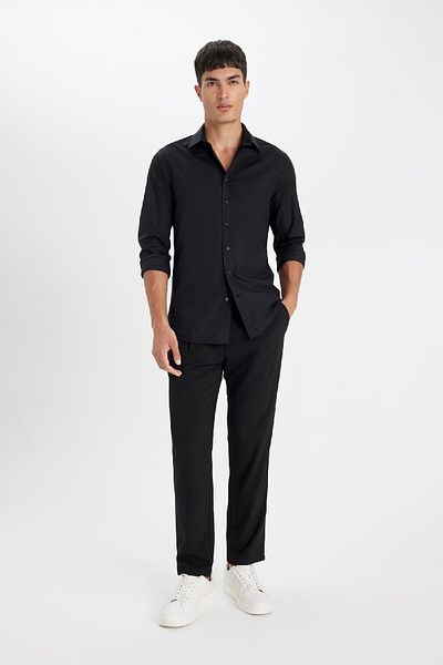 DeFacto Schwarzes Slim-Fit-Hemd mit italienischem Kragen – kein Eisen, kein Bügeln, lange Ärmel A7803ax23au