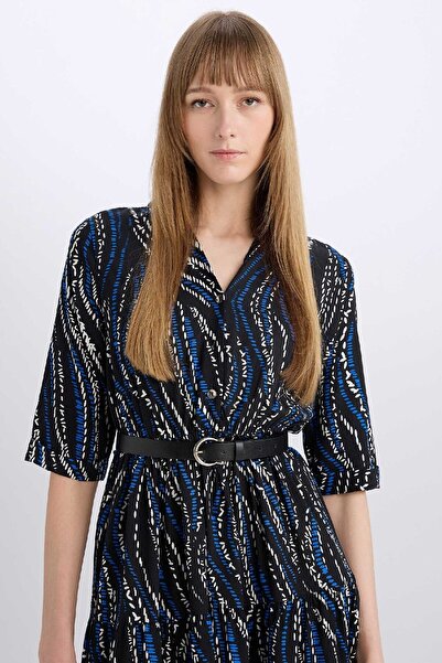 DeFacto Print Half Sleeve Midi Dress with Shirt Neck Belt Z8005Az23Au