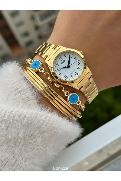 Q&Q Brand Steel Band, Women's Wrist Watch + Bracelet with Yellow Color Numerals