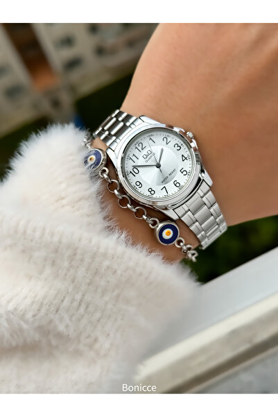 Q&Q Brand Steel Band, Silver Color Numerals Women's Wrist Watch + Bracelet