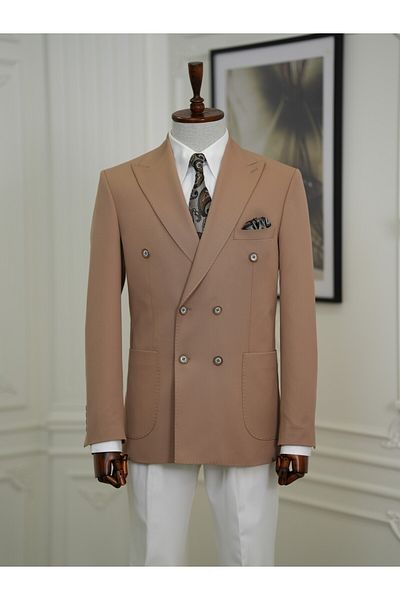 LONATOLİA Men's Italian Style Slim Fit Bag Pocket Half Lined Double Breasted Jacket - Tan