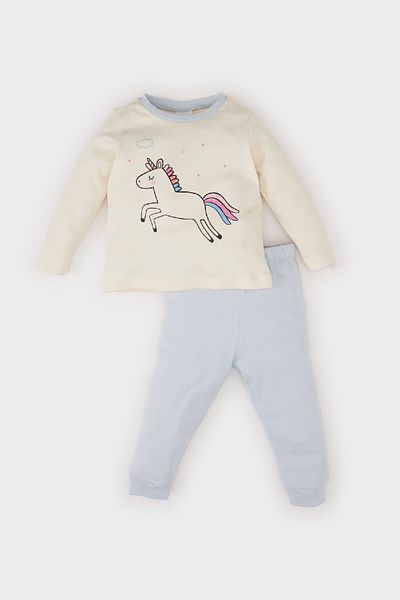 DeFacto Set de pijamale pentru fetiță, cu gât crew, cu imprimeu unicorn, cu mânecă lungă, cu talie elastică, fund lung