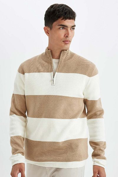 DeFacto Standard Fit Regular Cut Striped Stand Collar Zip-Up Knitwear Sweater A9518Ax24Wn
