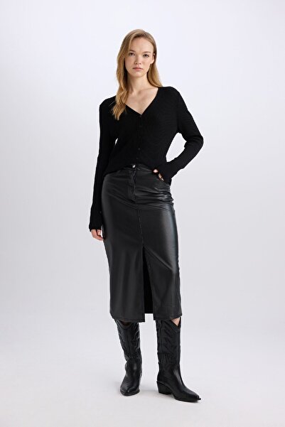DeFacto Faux Leather Slit Midi Skirt B2862ax23wn