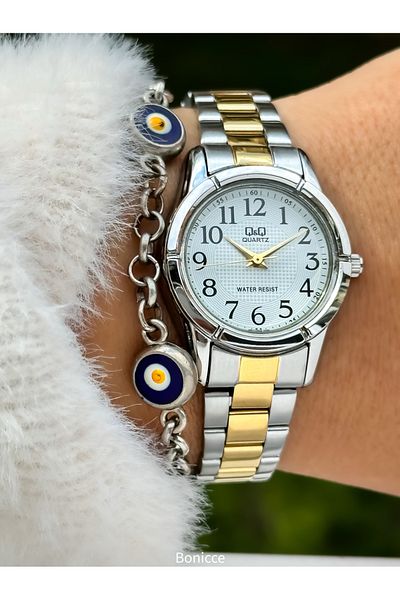 Q&Q Brand Steel Cord Small Case, Silver Yellow Numeral Women's Wrist Watch+Bracelet