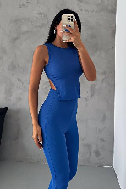 Deafox Saks Blue Full Lycra Twist Fabric Back Detailed Crop Trousers Set