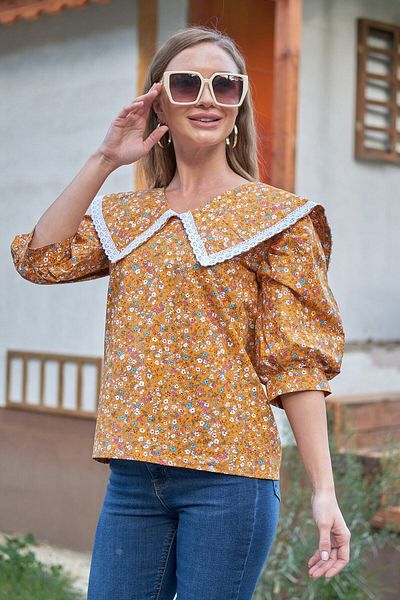 KÜÇÜĞÜM BUTİK Bluză cu mânecă cu balon cu guler floral muștar