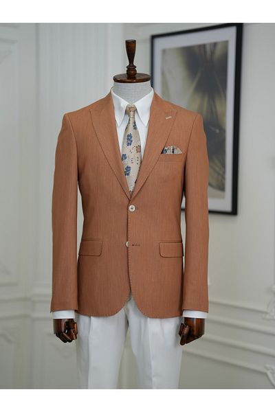 LONATOLİA Men's Premium Italian Style Slim Fit Punto Stitched Bag Pocket Half Lined Jacket - Taba