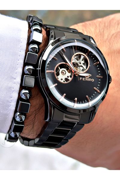 FERRO Black Color Automatic Business Mechanical Steel Band Men's Wrist Watch+Bracelet