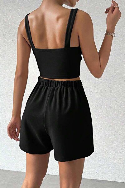 Deafox Black Crepe Fabric Chain Detailed Shorts Skirt Bustier Set