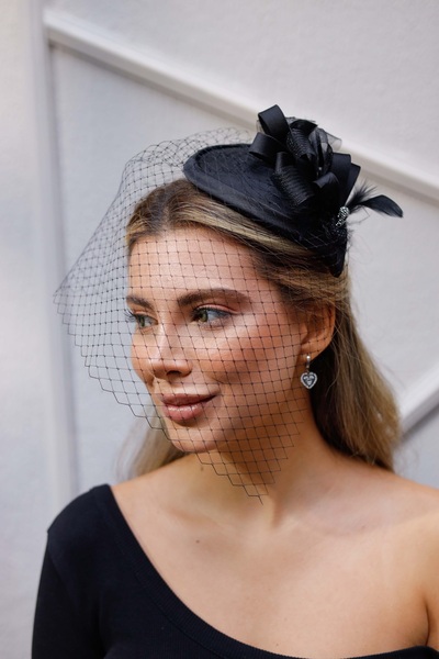 Turkuaz Gelin Kep/Gelin Vualet Siyah Fiyonklu Zirkon Taşlı Konsept