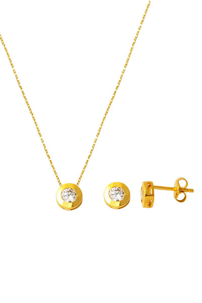 Bilezikci Tek Taşlı Kolye Küpeli 22 Ayar Altın Takı Seti