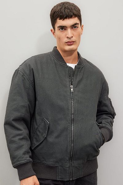 DeFacto Oversize Wide Fit Bomber Coat Jacket College τσέπες με φερμουάρ Βαμβακερό πλυμένο ξεθωριασμένο εφέ
