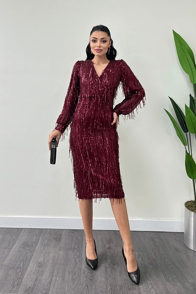 giyimmasalı Burgundy Pencil Dress - Fabric with Fringe and Sequins