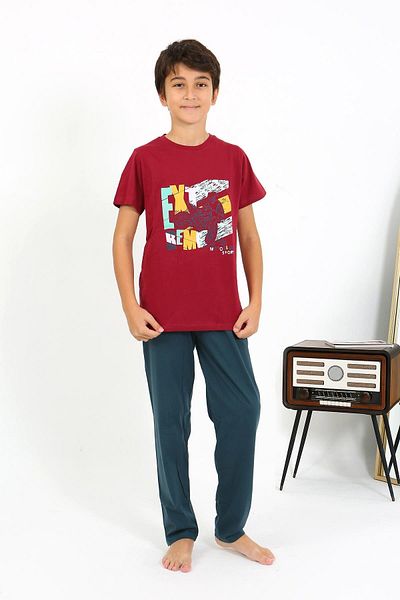 Akbeniz Costum de pijama din bumbac pieptănat cu mânecă scurtă pentru băiat 20758 Roșu Claret