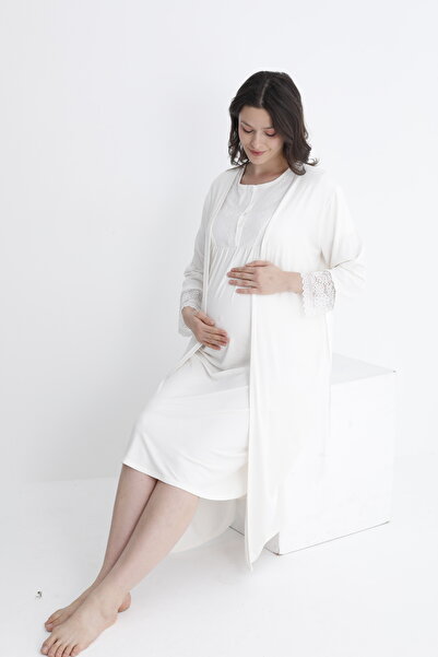 Miss Dünya Lissa Lace Detailed Front Button Maternity and Maternity Nightgown Set with Dressing Gown