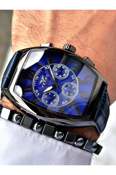 FERRO Navy Blue Color Bombe Glass Leather Cord Square Large Case Men Wrist Watch+Bracelet