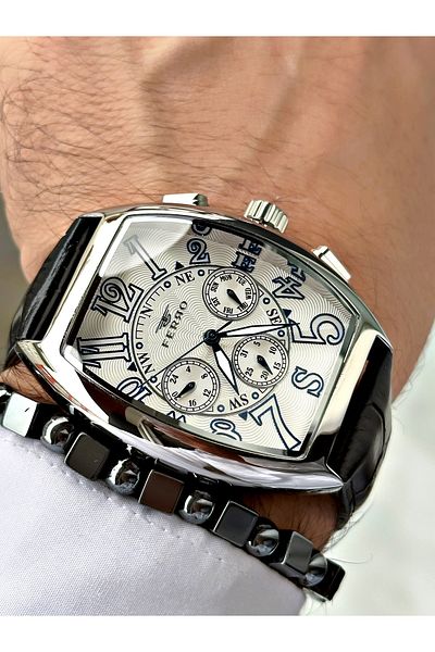 FERRO Black Color Bombe Glass Leather Cord Square Large Case Men Wrist Watch+Bracelet