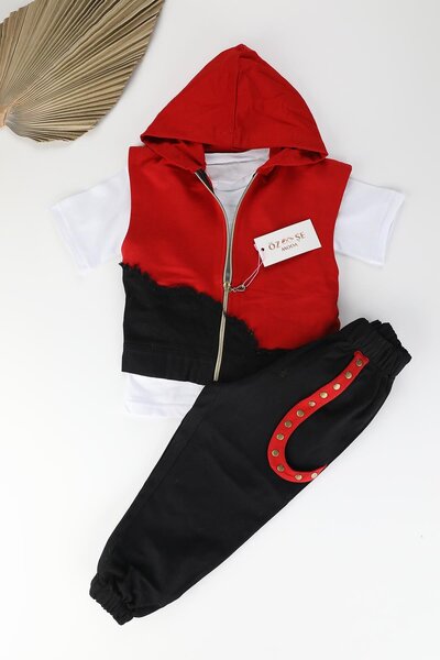 ÖZSEMODA Black Cargo Leg Trousers T-Shirt Red Vest Suit