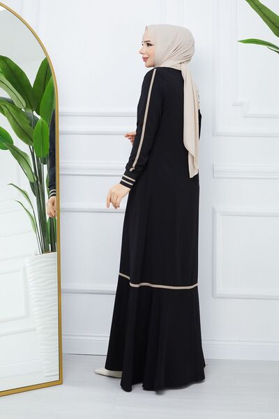MODA ESRE FASHION Tesettür Giyim Medine Ipeği Siyah Ferace Krem Rengi Şeritli Kol Ribanalı