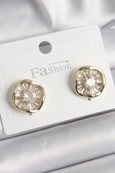 Clariss Brass Gold Color Zircon Stone Clover Model Women's Earrings