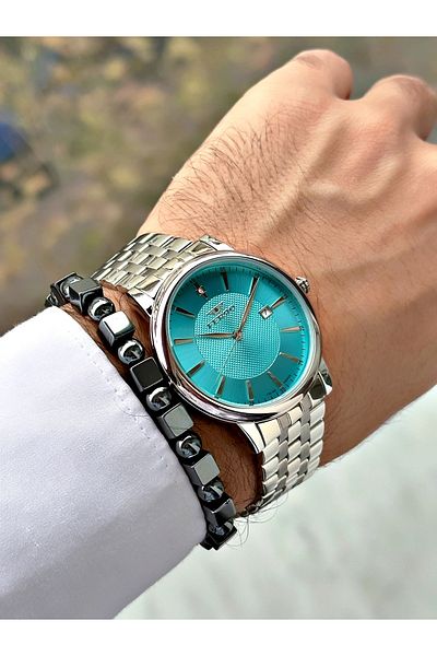 FERRO Silver Color Square Simple Model Classic Men's Wrist Watch + Bracelet