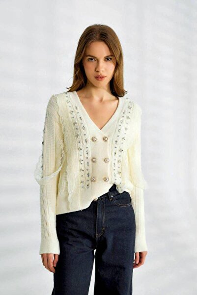 Robin 94675 Cardigan alb cu dantelă cu detalii cu pietre