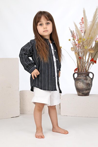 ÖZSEMODA Black Striped Shirt Body Shorts Set
