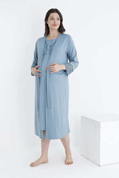 Miss Dünya Lissa طقم ثوب نوم للحوامل والحوامل مع أزرار أمامية مزينة بالدانتيل