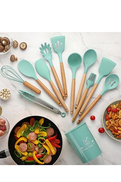 ALMUFARREJ 12-Piece Silicone Spatula Set with Wooden Handle Kitchen Utensils
