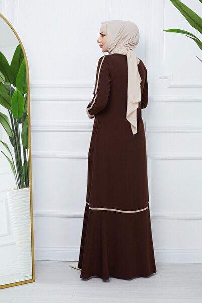 MODA ESRE FASHION TESETTÜR GİYİM MEDİNE İPEĞİ FERACE KREM RENGİ ŞERİTLİ KOL RİBANALI