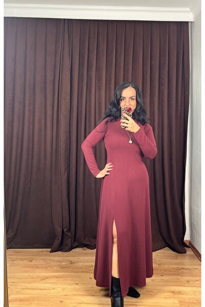 buketli collection ÇİLEK TRİKO BALIKÇI YAKA TEK YIRTMAÇLI ELBİSE