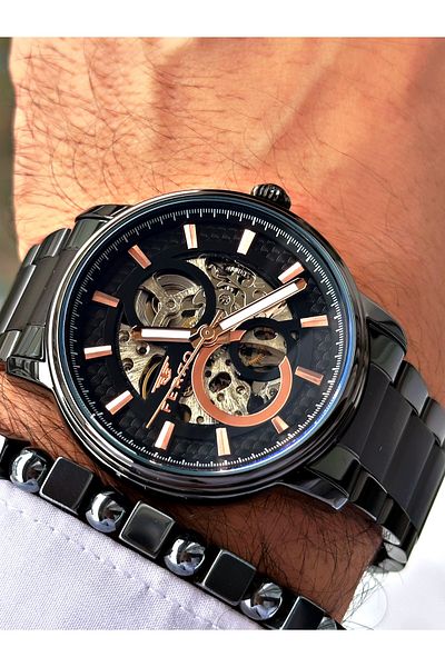 FERRO Black Color Automatic Business Steel Band Men's Wrist Watch+Bracelet