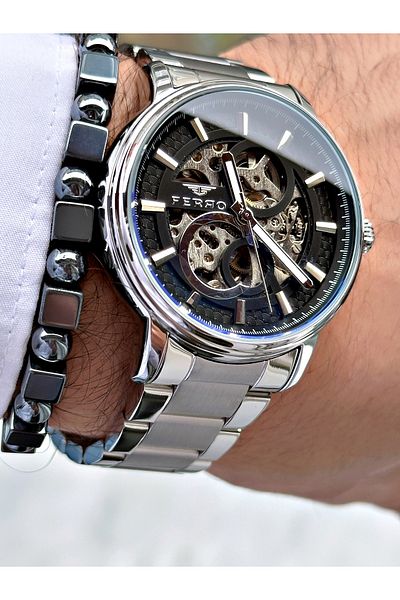 FERRO Silver Color Automatic Business Steel Band Men's Wrist Watch + Bracelet