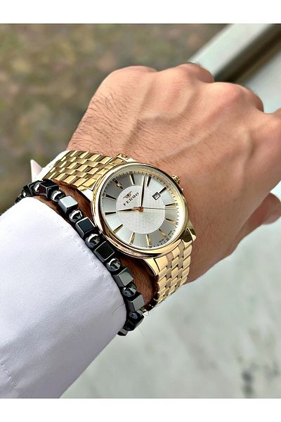 FERRO Gold Color Square Simple Model Classic Men's Wrist Watch + Bracelet
