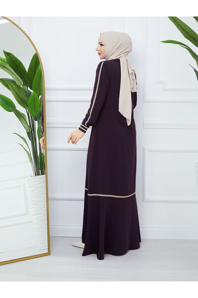 MODA ESRE FASHION TESETTÜR GİYİM MEDİNE İPEĞİ FERACE KREM RENGİ ŞERİTLİ KOL RİBANALI