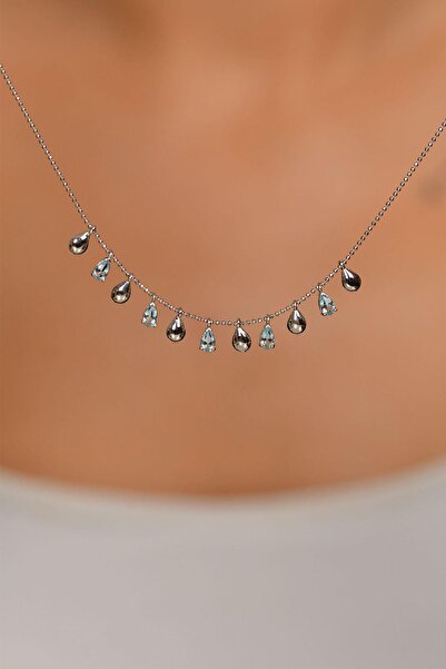 Erdobia Akuamarin Taşlı Rodyum Shakira Mix Damla Gümüş Kolye